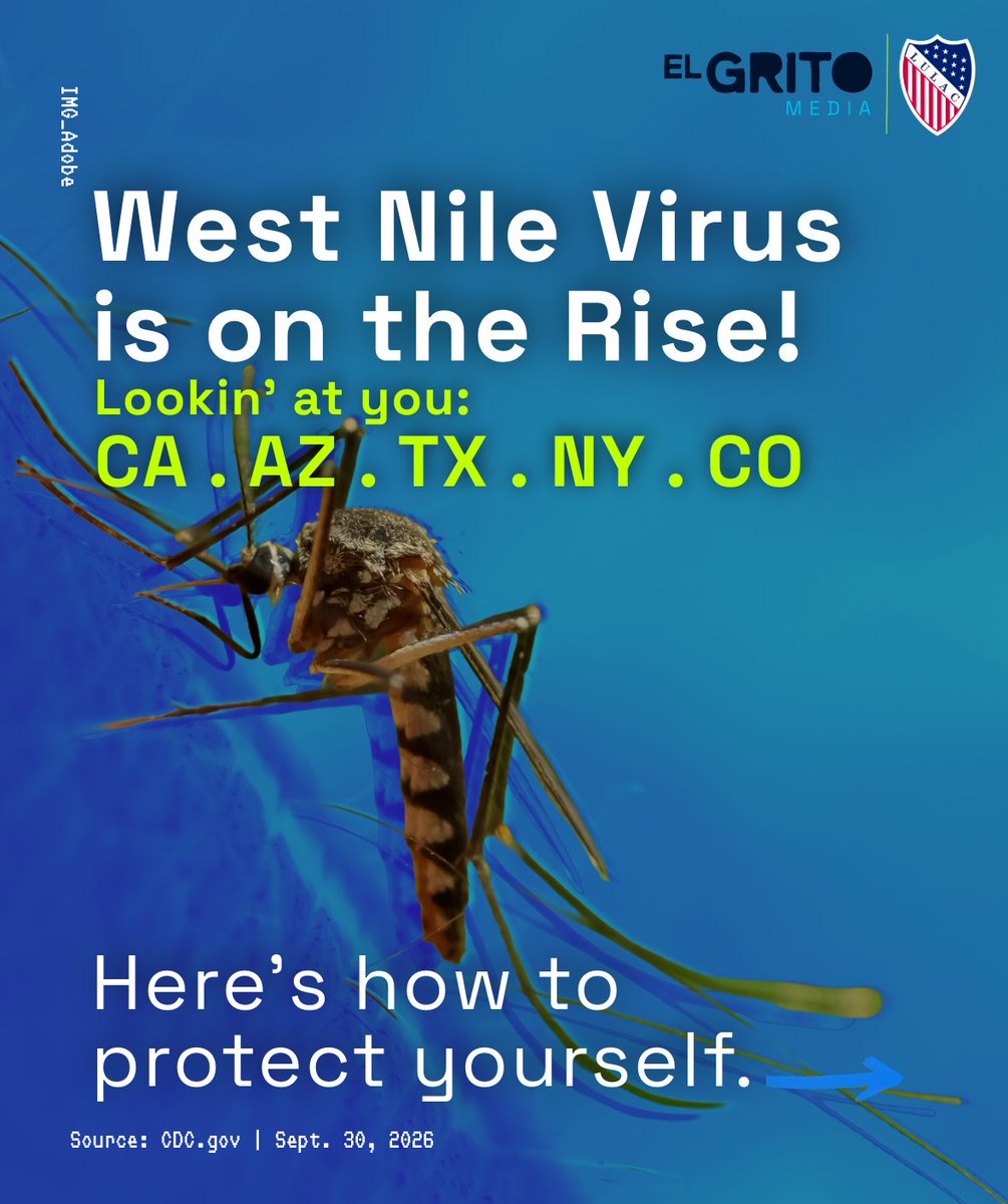 LULAC's tweet photo. West Nile virus is spread through the bite of infected mosquitoes, and while most people who are infected don’t develop symptoms, some can become seriously ill. The good news? There are simple steps you can take to protect yourself and your community. Have a mosquito safety tip? https://t.co/n2ffY5n3lj