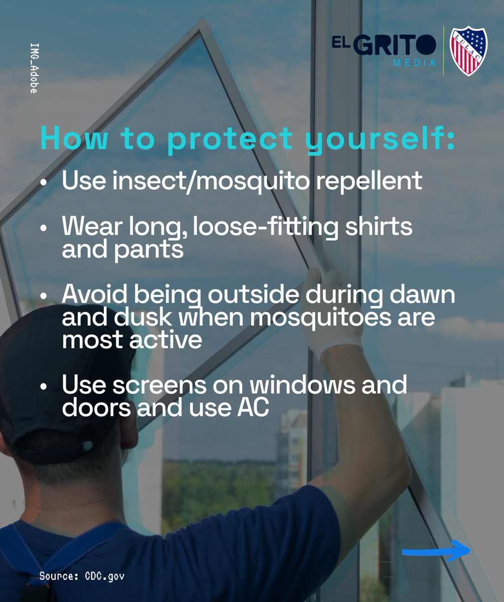 LULAC's tweet photo. West Nile virus is spread through the bite of infected mosquitoes, and while most people who are infected don’t develop symptoms, some can become seriously ill. The good news? There are simple steps you can take to protect yourself and your community. Have a mosquito safety tip? https://t.co/n2ffY5n3lj