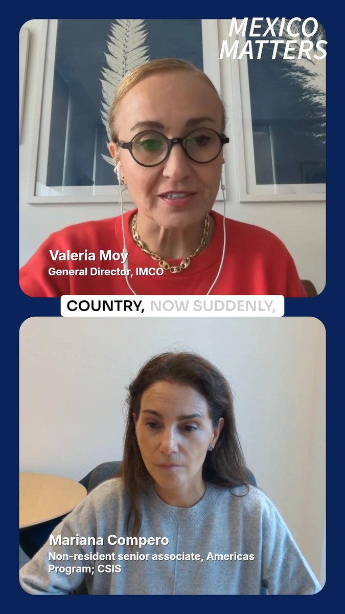 A split-screen video interview under the 'MEXICO MATTERS' banner featuring Valeria Moy (General Director, IMCO) on top and Mariana Compero (Non-resident senior associate, Americas Program; CSIS) on the bottom, with text 'COUNTRY, NOW SUDDENLY,'.