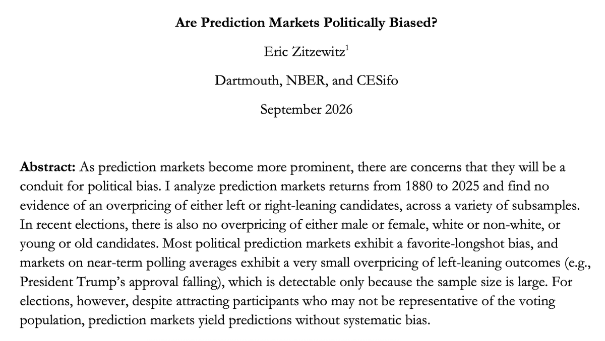 mansourtarek_'s tweet photo. Are prediction markets biased by white men? Republicans? Young people?

Dartmouth professor Eric Zitzewitz analyzed 145 years of election prediction market data, spanning multiple exchanges and countries. His findings:

• No systematic evidence of political bias across different eras, countries, and offices.
• No systematic evidence of pricing bias based on candidates’ race, gender, or age in the recent elections studied.
• Traders weren’t always representative of the voting population, yet that didn’t translate into systematic bias in election forecasts.

The paper points to a powerful mechanism: people who spot a mispriced outcome have a financial incentive to correct it. Even if some participants trade on personal preferences, informed traders keep prices grounded in reality.

Open competition incentivizes research, challenges consensus, and gives the best ideas a chance to surface. People are rewarded for being right, regardless of their background or preferences.

The paper does find some pricing biases, including slight overpricing of longshots and underpricing of favorites. Its central finding on election markets remains: no systematic evidence of political or demographic bias.

In an increasingly polarized world, these markets give us something valuable: an impartial source of information shaped by people with an incentive to get it right.