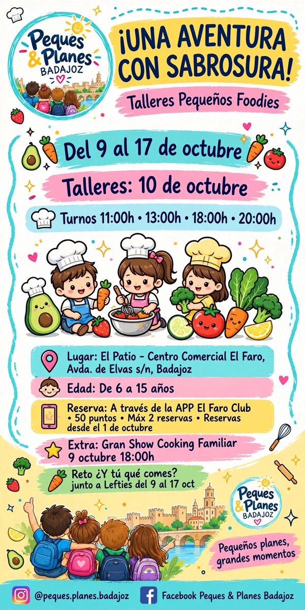 pequesplanesbjz's tweet photo. ¿Tienes un pequeño chef en casa? 

Vuelven los Talleres Pequeños Foodies al Centro Comercial El Faro. @CentroComercia3 

👉 ¿Qué van a hacer?

Talleres de cocina divertidos y saludables para que aprendan jugando con frutas, verduras y mucha imaginación.

Del 9 al 17 de octubre ! https://t.co/VeRkBalC6l
