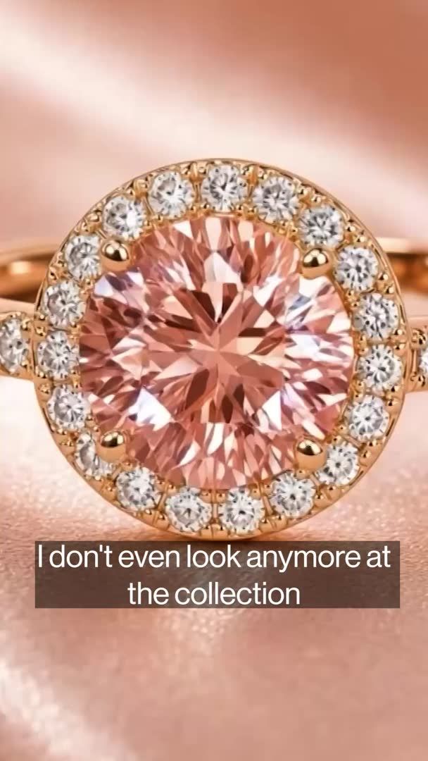 A close-up of a stunning rose gold ring featuring a round-cut peach-pink gemstone surrounded by a halo of white diamonds, with the caption "I don't even look anymore at the collection" overlaid on the image. This elegant piece of lab-grown jewelry reflects Sarah Jessica Parker's partnership with Astrea London, showcasing the brand's blend of creativity and technology in sustainable luxury design.