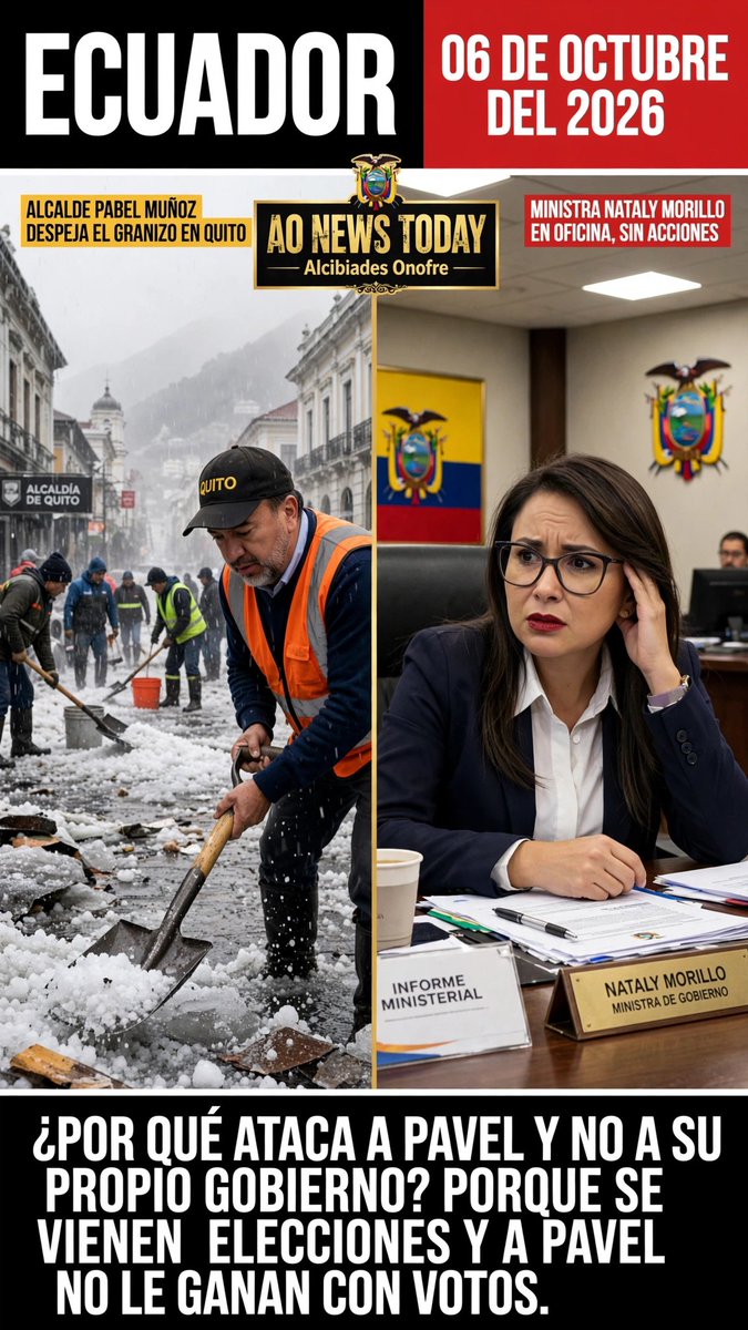brayonrms's tweet photo. > No es fiscalización, es campaña. No les importa el granizo de Quito, les importa que Pavel sigue liderando las encuestas y no saben cómo bajarlo.
> Uno limpia hielo. La otra limpia su imagen. https://t.co/WiZ70u9Wbt