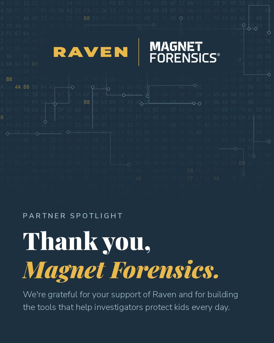 Raven_Assoc's tweet photo. We're proud to spotlight our partner, @MagnetForensics.

Behind nearly every child exploitation case today is digital evidence. Magnet Forensics builds the tools that help law enforcement uncover that evidence, identify victims, and hold offenders accountable. 

Thank you Magnet Forensics for supporting Raven's mission and for equipping the investigators who protect kids every day.