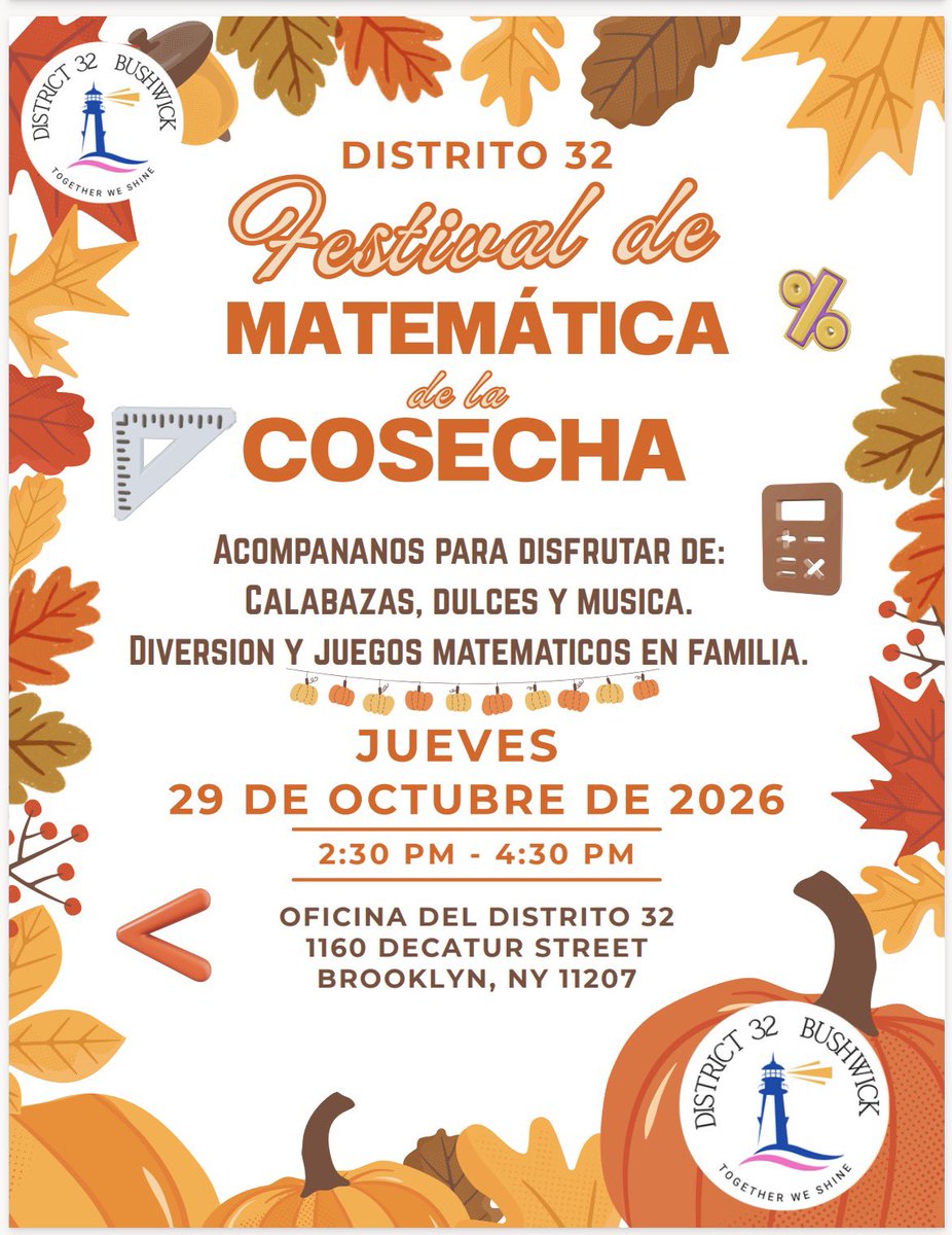 District32Supt's tweet photo. 🍂🎃 District 32 Math Fall Harvest is here! 🎃
🍂
Come join us for a wonderful afternoon filled with MATH GAMES, FAMILY FUN &amp; TREATS! 🍬➕%

Bring the family, have some fun, and discover the joy of math together ! 🧡🍂 https://t.co/Krrr712HFq