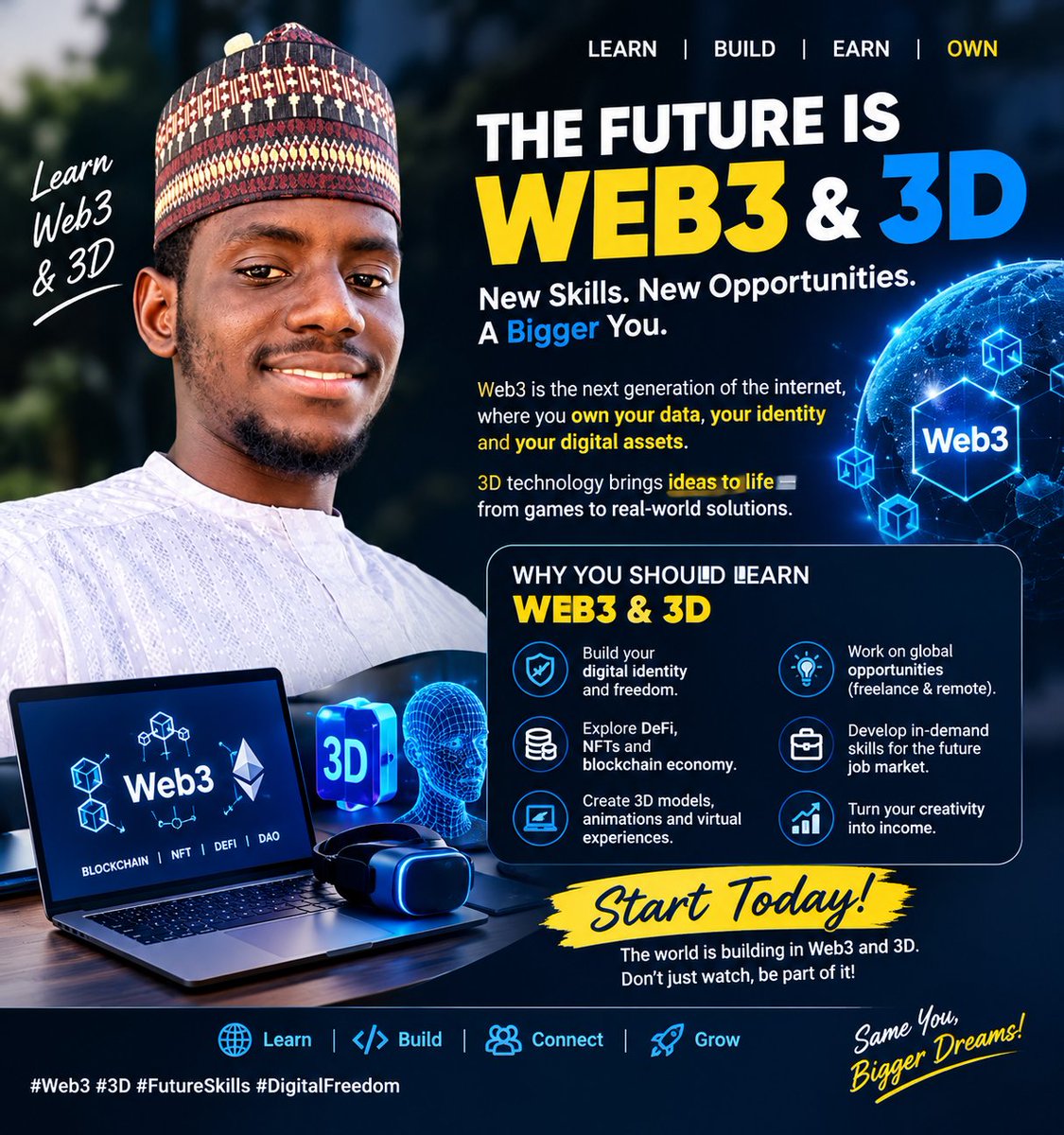 Yarokgm1's tweet photo. The Future Belongs to Those Who Learn. 🌍���
The world is moving fast. Web3, blockchain, AI, 3D technology, and digital innovation are creating new opportunities every day.
Learning Web3 and 3D is not just about technology — it is about preparing yourself for the future https://t.co/5gk3QVT3g5