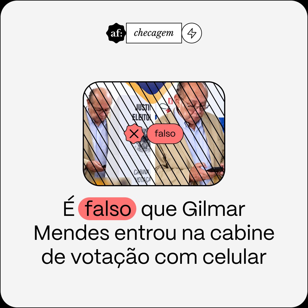aosfatos's tweet photo. NO AR. Não é verdade que o ministro do STF Gilmar Mendes tenha entrado na cabine de votação com um celular, o que é proibido.

Postagens que fazem essa alegação omitem que o objeto na mão do magistrado é a carteira funcional com a cola de candidatos: 👇
https://t.co/135dZKbhdD https://t.co/0p0kU4ZhKX