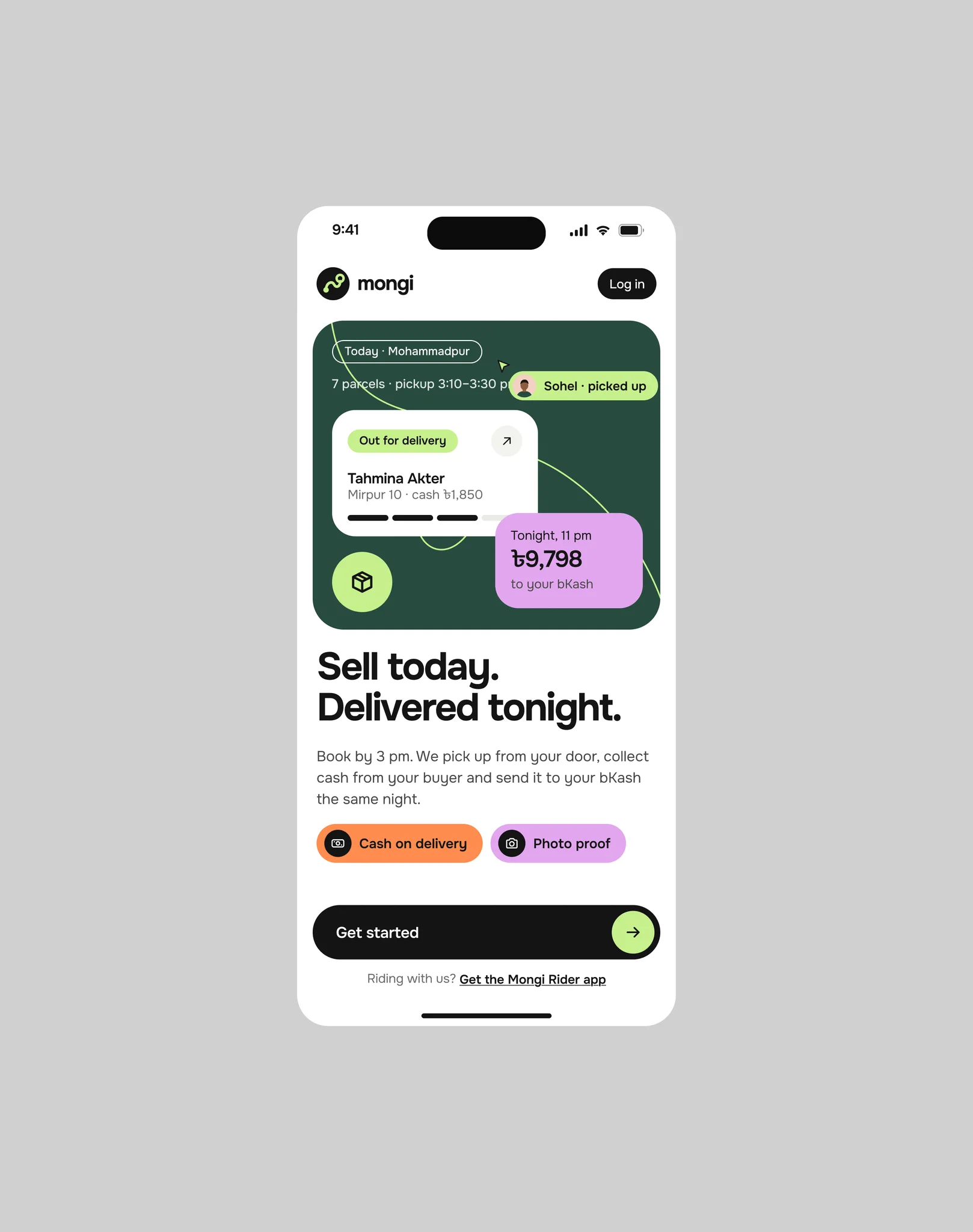 당일 배송 iOS 앱 — 딥그린·라임·라일락 카드 UI