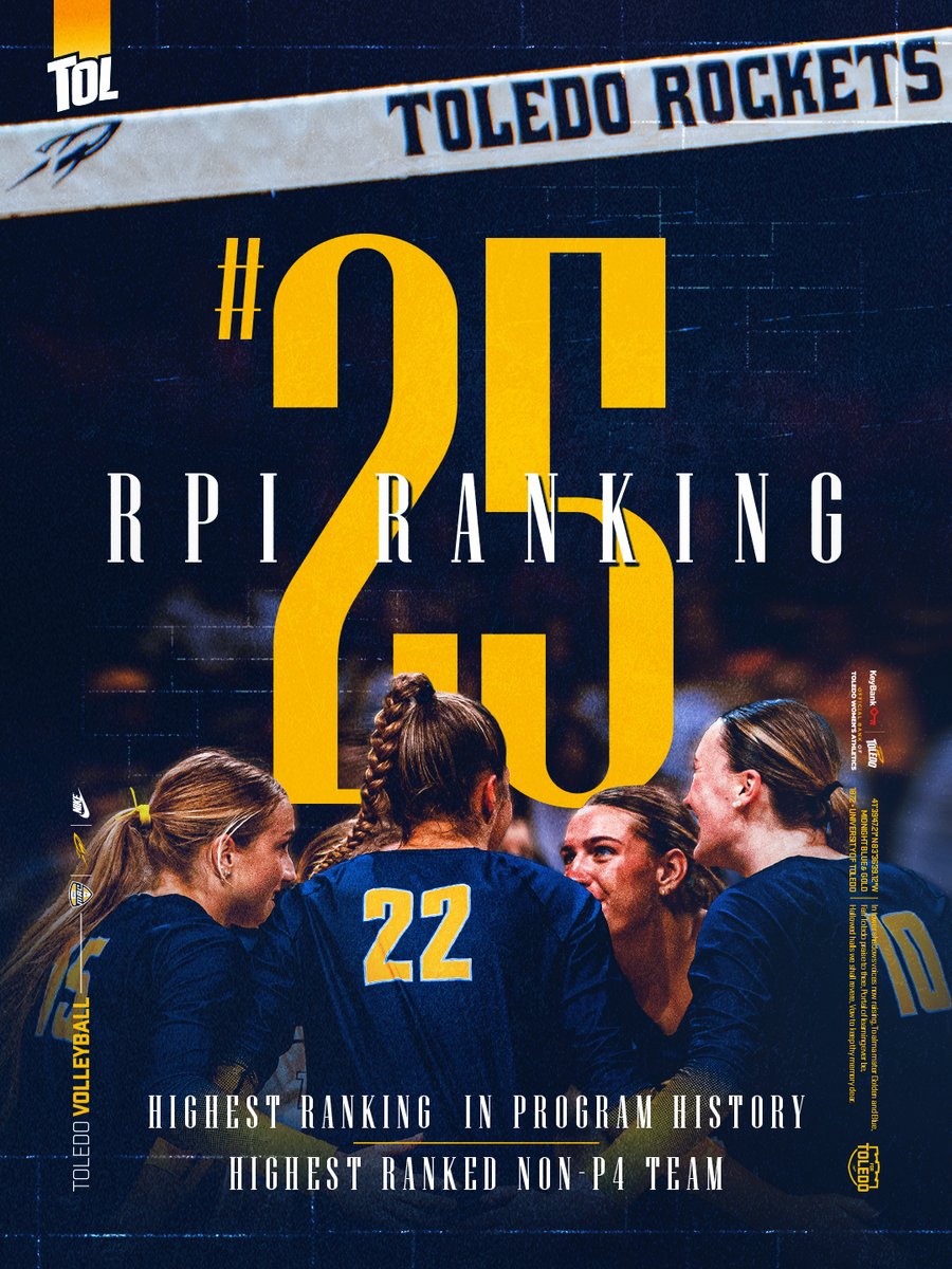 Toledo_VB's tweet photo. A program on the rise 🚀 

The Rockets check in at No. 25 in RPI rankings, marking the highest ranking in program history and the highest ranked Non-P4 team in the country.

#ForToledo | @keybank https://t.co/33Pdo9zzck