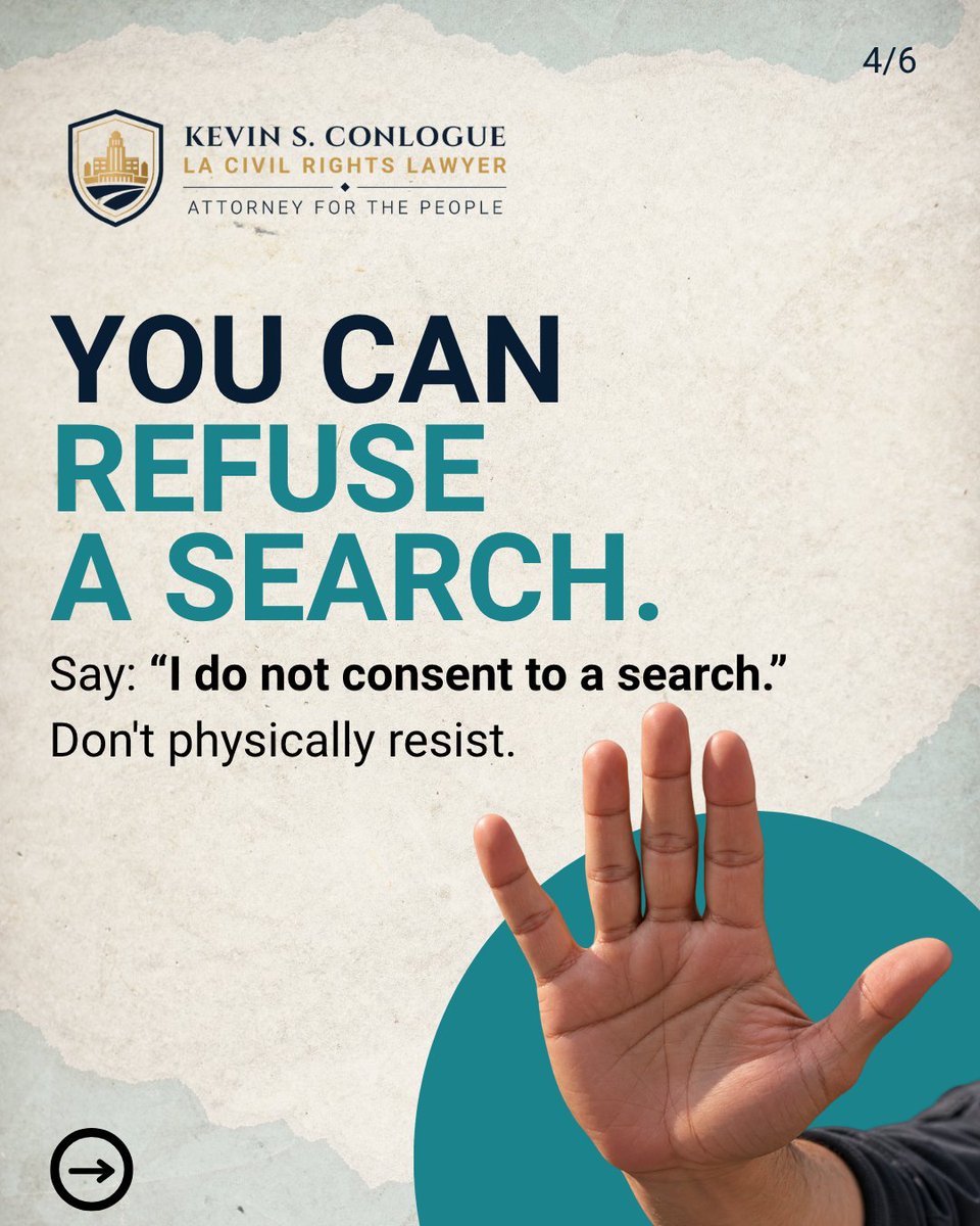 lacivilrightsla's tweet photo. Stopped by police? Know your rights.  You generally have the right to ask if you’re free to go, remain silent, refuse a search, and record police in public. 

Think your rights were violated? Contact Us.  

#KnowYourRights #CivilRights #PoliceMisconduct https://t.co/IPDKYoelmZ