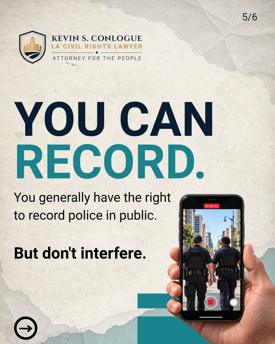 lacivilrightsla's tweet photo. Stopped by police? Know your rights.  You generally have the right to ask if you’re free to go, remain silent, refuse a search, and record police in public. 

Think your rights were violated? Contact Us.  

#KnowYourRights #CivilRights #PoliceMisconduct https://t.co/IPDKYoelmZ