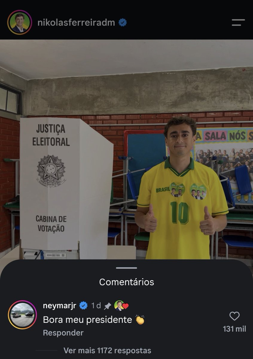 FutPrimeBrasil's tweet photo. "Bora meu presidente"

Comentário de Neymar na foto de Nikolas Ferreira https://t.co/M61xAwh4mG