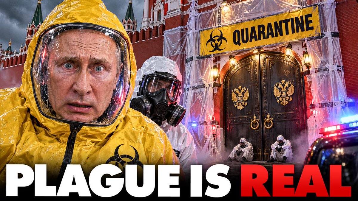 A YouTube thumbnail showing a man in a yellow hazmat suit with a shocked expression, alongside a 'QUARANTINE' sign over the Kremlin, with text reading 'PLAGUE IS REAL'.