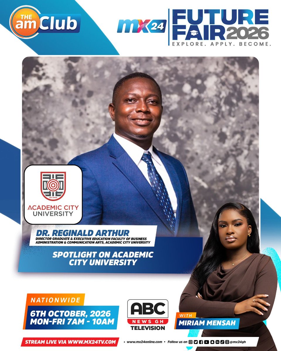 mx24gh's tweet photo. What do you want to study, and where could it take you?

Join us on #ThePlug as we throw the spotlight on @acitygh as we continue our conversation around the #MX24FutureFair and the opportunities waiting for the next generation.

Your next chapter starts with a question. What will you choose?

📺 Catch us live on ABC News and MX24 TV!

#mx24gh #funfearlessfactual #TheAMClub #ThePlug