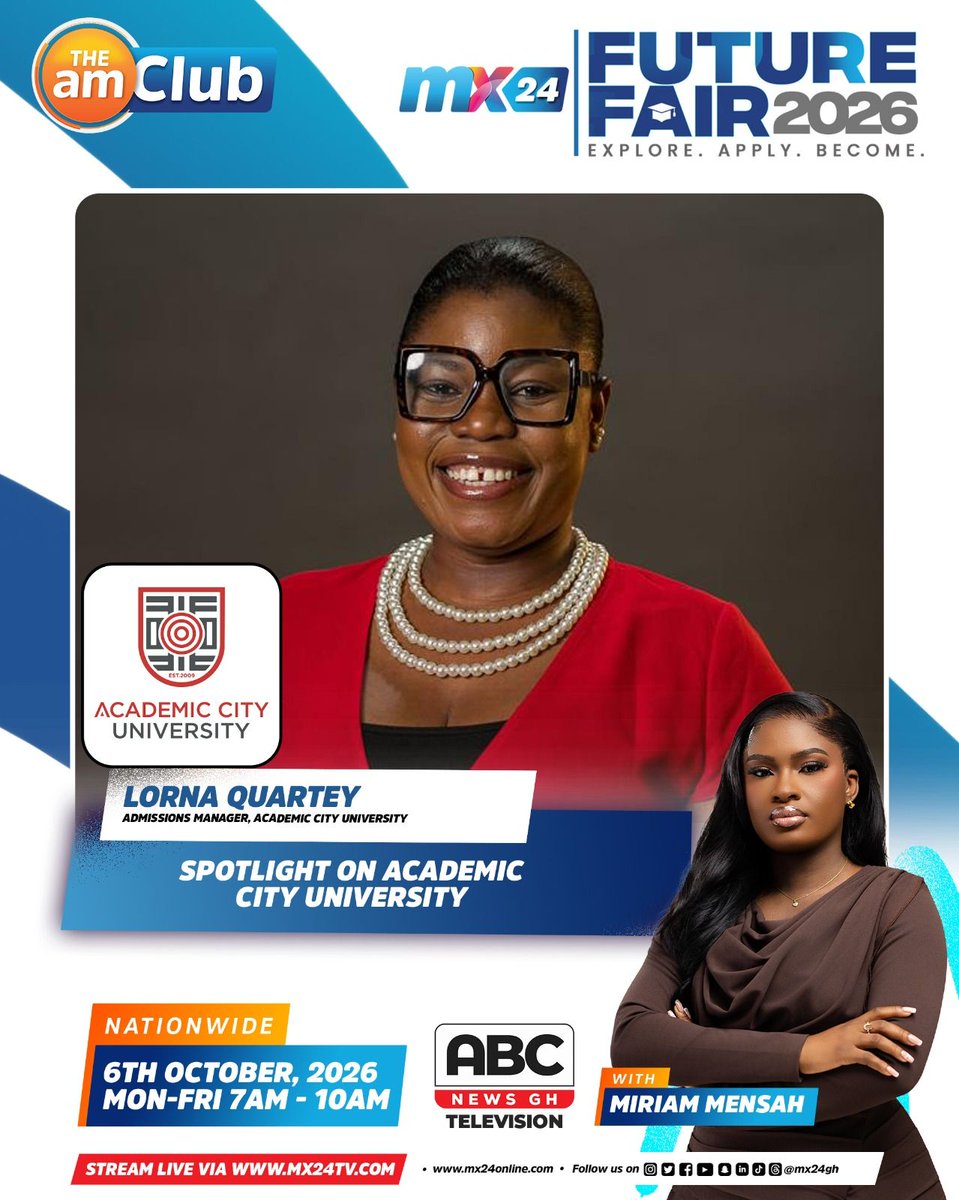 mx24gh's tweet photo. What do you want to study, and where could it take you?

Join us on #ThePlug as we throw the spotlight on @acitygh as we continue our conversation around the #MX24FutureFair and the opportunities waiting for the next generation.

Your next chapter starts with a question. What will you choose?

📺 Catch us live on ABC News and MX24 TV!

#mx24gh #funfearlessfactual #TheAMClub #ThePlug