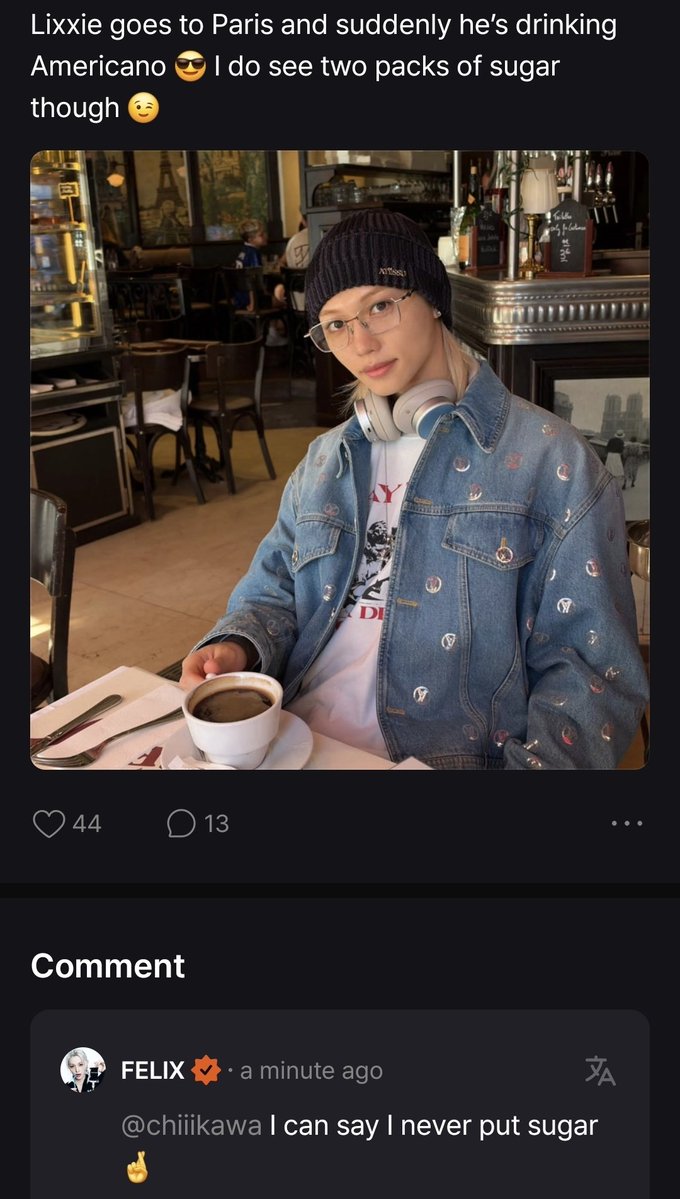 bbokseungah's tweet photo. no this is so funny to me tho bc a few years ago hyunjin said on 🫧 felix ordered his coffee extremely sweet and then felix came to 🫧 later that day saying he accidentally ordered it wrong and it was really sweet
like ok suuuure 😆 

🥟 i tried yongbokie's coffee and its just coffee candy (cutely)
🥟 ㅋㅋㅋㅋㅋㅋㅋㅋㅋㅋㅋㅋㅋyongbok really drinks coffee like yongbokieㅋㅋㅋㅌㅋㅋ

*later the same day*
🐱 wow how did i
🐱 i accidentally ordered the wrong coffee 
🐱 its so sweet