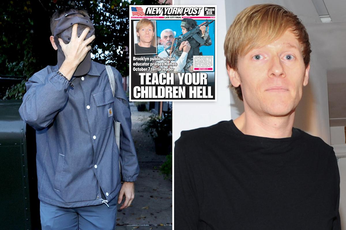nypost's tweet photo. Hamas-loving NYC teacher cowardly covers his face as he returns to school - and furious parents want him fired https://t.co/17GvBx5XAi https://t.co/7YGoHrbFpL