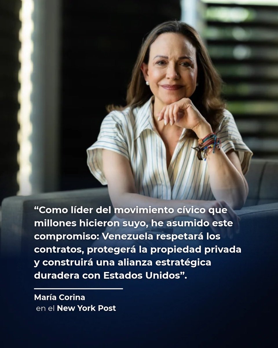 ConVzlaComando's tweet photo. #LaFrase | “Venezuela respetará los contratos, protegerá la propiedad privada y construirá una alianza estratégica duradera con Estados Unidos”. 

@MariaCorinaYA en el @nypost 

Léelo completo aquí: 
https://t.co/39M71reG3r https://t.co/3HRegiGwC8