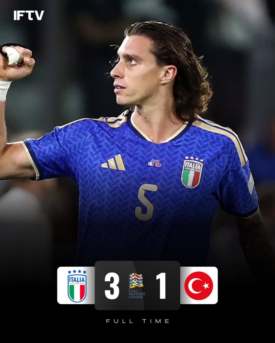 IFTVofficial's tweet photo. Italy score THREE past Türkiye 🇮🇹🔥

⚽ Scamacca
⚽ Calafiori
⚽ Pio Esposito

The Azzurri move into 2nd place behind France in the Nations League.

A very positive first international break back for Roberto Mancini. https://t.co/zRmyAmnMYH