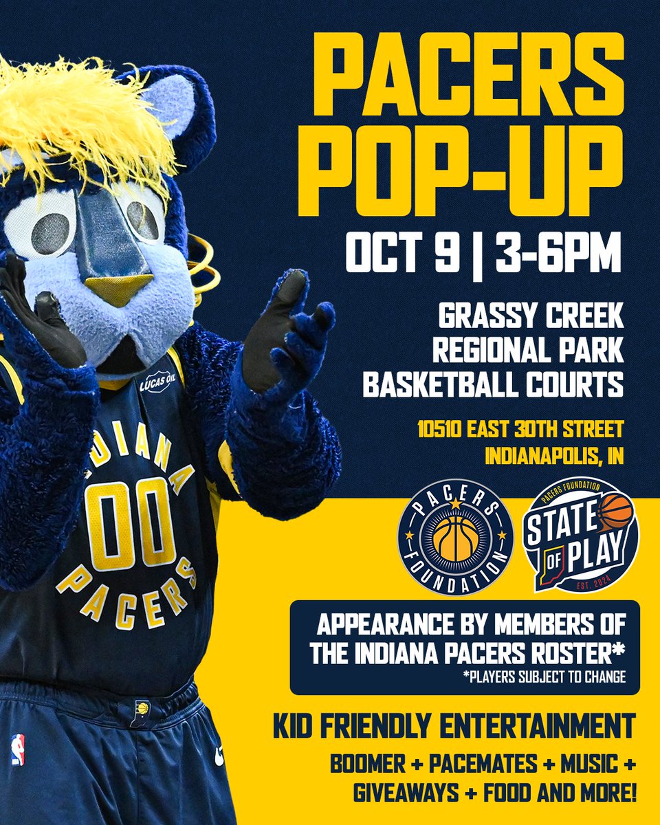 Pacers's tweet photo. Pop by the Pacers Pop-Up this Friday 🙌

The squad, @Pacemates and @PacersBoomer will be at Grassy Creek Regional Park from 3-6 p.m. on October 9 to celebrate the start of the season.

Learn more: https://t.co/lft9s1ggdl https://t.co/0ClxwOzqzo