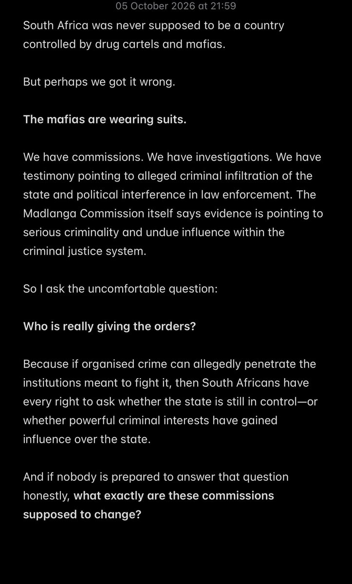 sipsboii's tweet photo. @Abramjee People are dying. Criminal networks are allegedly infiltrating the state. Institutions are under scrutiny. And still, those who should be answering the hardest questions are nowhere to be seen. SA🇿🇦, how much more must happen before we realise something is seriously wrong? https://t.co/nxDKjrJvpb