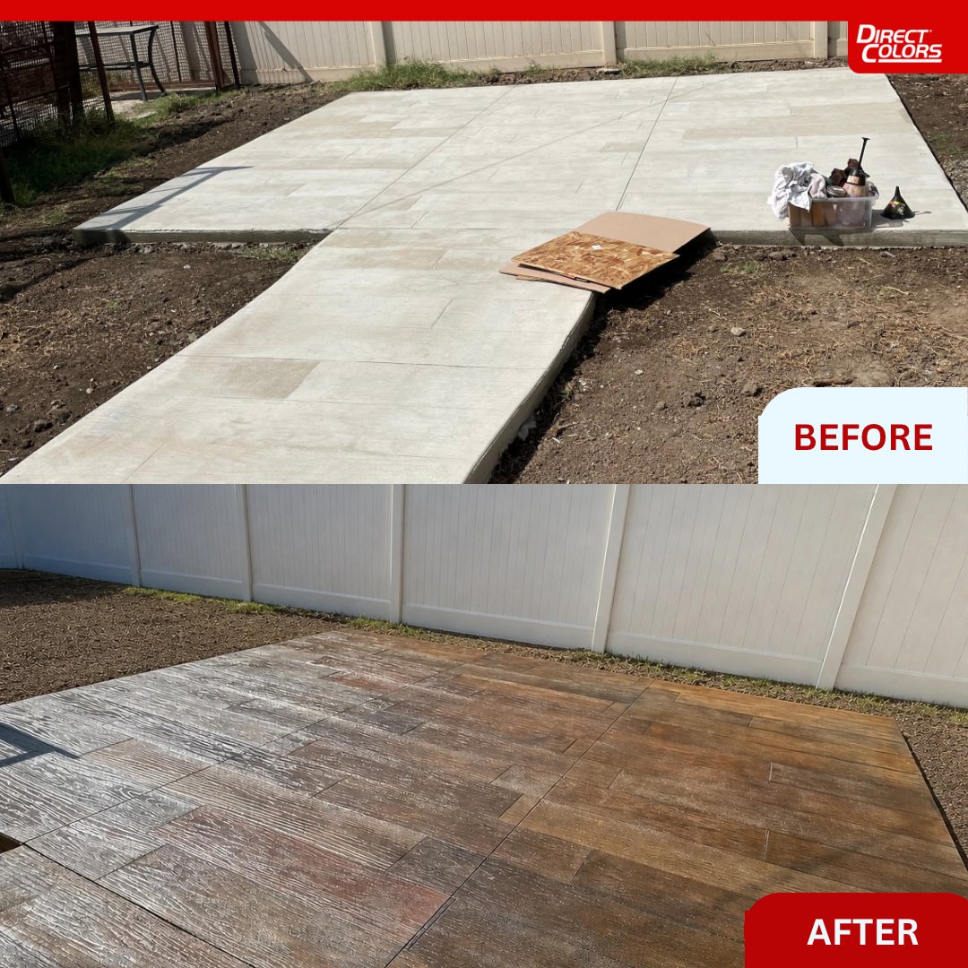 DirectColors's tweet photo. Antiquing Stain in Black and Charcoal applied to make a stamped concrete patio look like real hardwood planks is one of the most impressive demonstrations of technique we have seen on a concrete surface. 🖤🩶✨

The important thing to understand about this project is what the stamp pattern underneath actually is. It is not a wood plank stamp. The concrete started as a plain, light-toned stone pattern with no grain, no plank lines and no wood characteristics whatsoever. Every single thing that makes this patio read as hardwood was created through the stain application itself.

From across the yard nobody questions it. Up close most people still do not. All the warmth and visual character of a hardwood deck with none of the warping, rot, splintering or annual refinishing that comes with putting real wood outdoors. 💪

Would you have guessed this patio was concrete? 👇

#ConcreteStain #WoodLookConcrete #AntiquingStain #StampedConcrete #PatioDesign