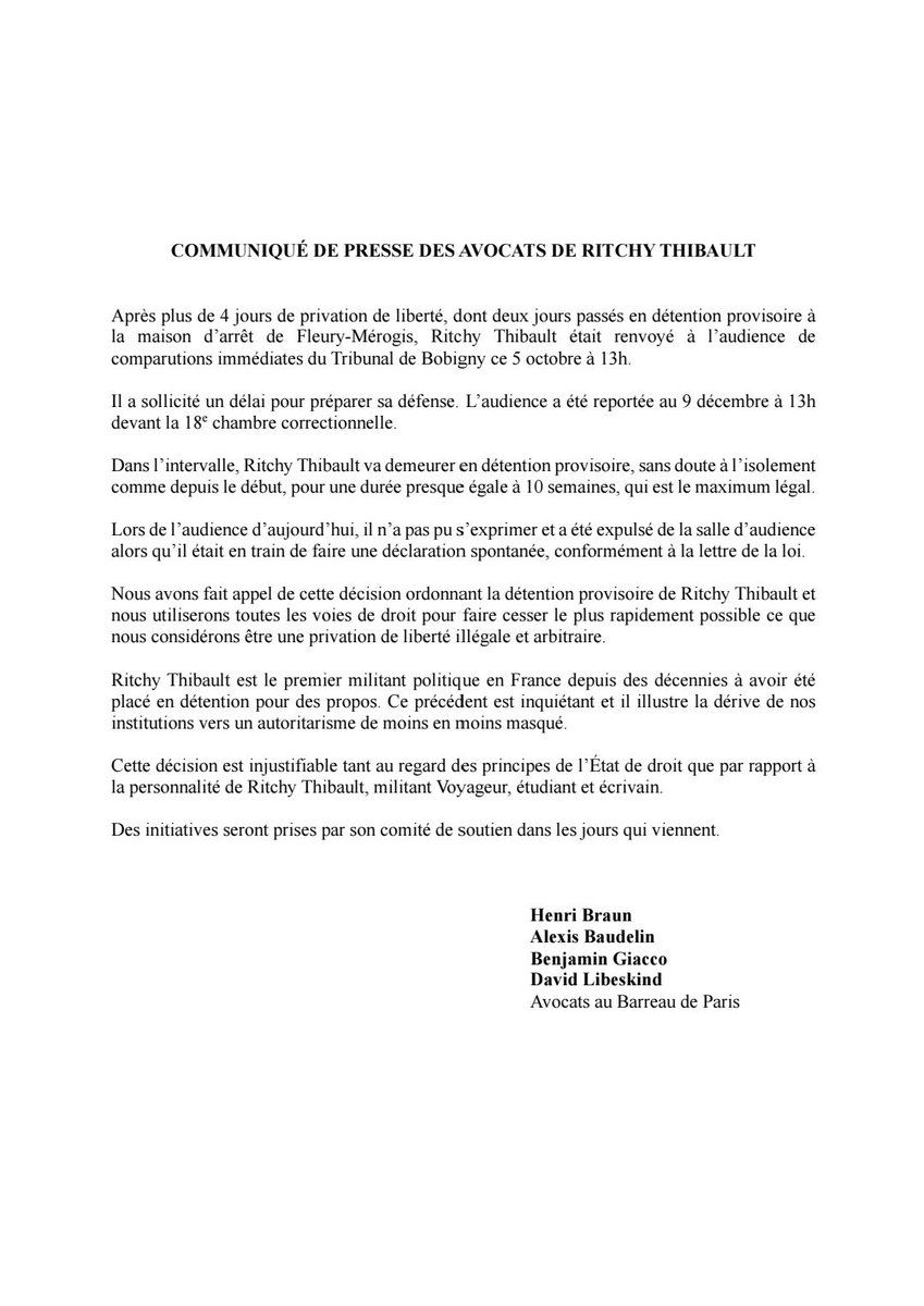 GregRN78's tweet photo. #BlocusLycées #FreeRitchy #Lycéens #GiletsJaunes
#Lycées
Communiqué de presse des avocats de
@ritchy_thibault https://t.co/9LS7nrzvwh