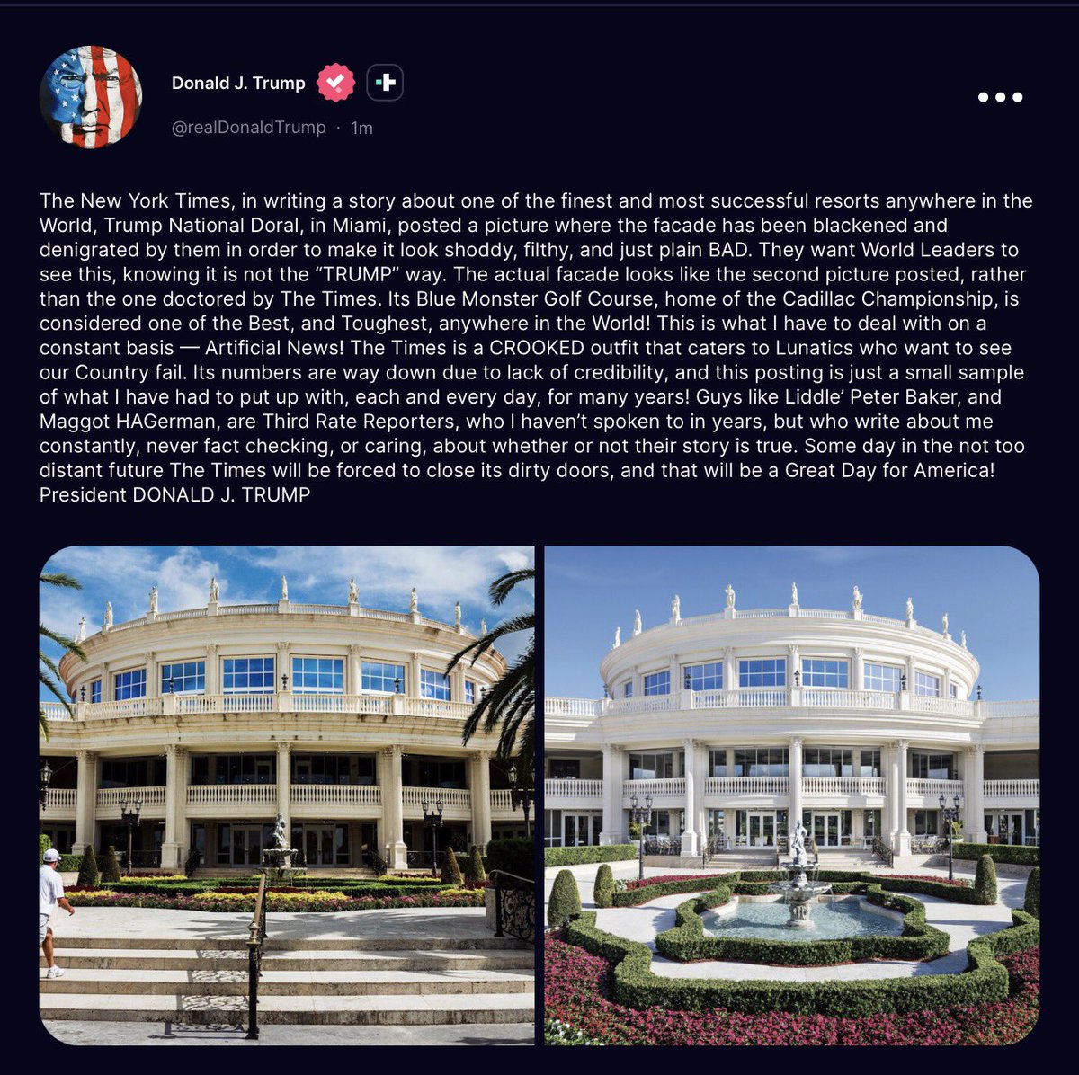 ginamilan_'s tweet photo. 🚨 Trump is calling out The New York Times over the photo they used of Trump National Doral, saying they made the resort look dark and run-down.

He posted another photo showing what the resort actually looks like, and the difference is pretty obvious.

This is why these people have zero credibility and no one trusts them.