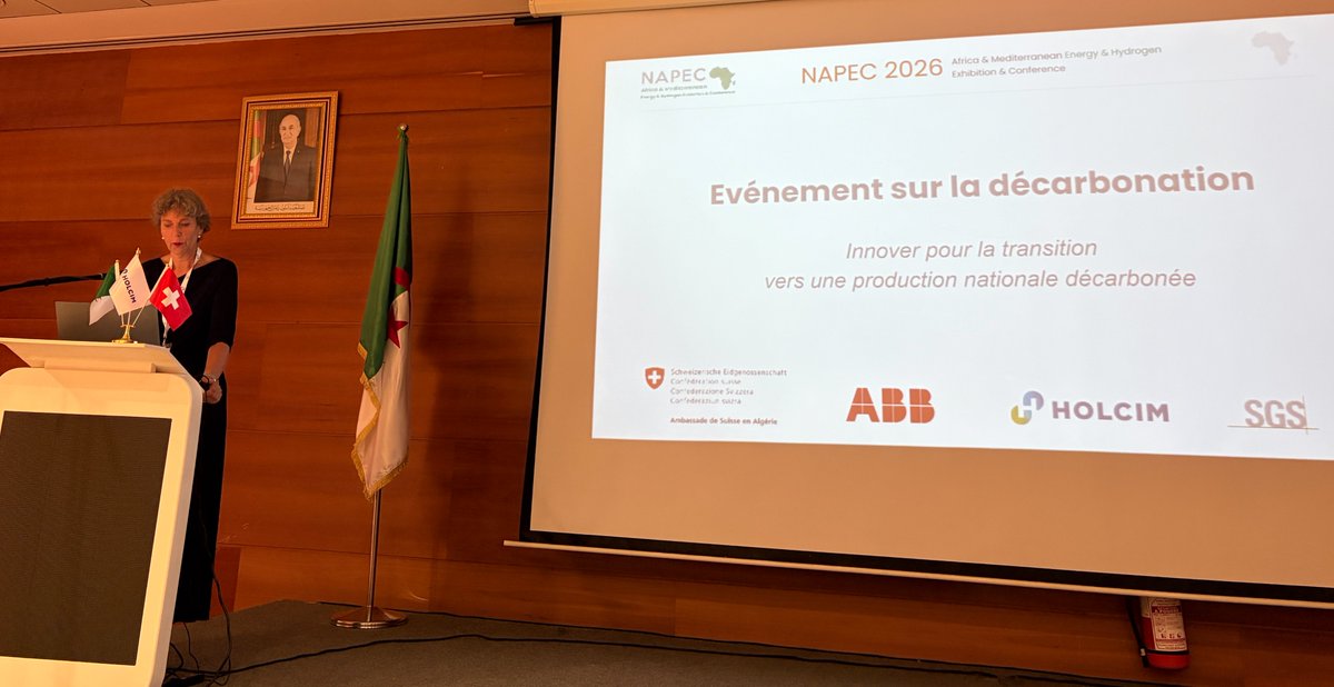 Ambsuissealg's tweet photo. A l'occasion du NAPEC, nous avons co-organisé un colloque sur la décarbonation avec les entreprises 🇨🇭 @ABBgroupnews, @Holcim et  @SGS_SA : l'occasion pour elles de présenter leurs solutions et technologies innovantes. L'Ambassadrice Weichelt a aussi visité les stands🇨🇭. https://t.co/PjRvjcl8GR