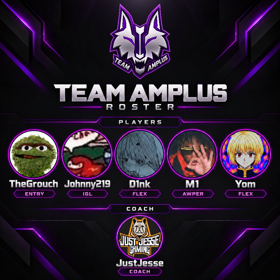 Team_Amplus's tweet photo. EVERYONE PLEASE WELCOME THE SEASON 59 TEAM AMPLUS ROSTER!! Only change we see is a swap between Johnny and Grouch. Johnny will be taking over the IGL role and Grouch will move over to entry. Same players, same coach, lets lock in🔥

#StayAmplus #esea #eseamain #esports #cs2 https://t.co/0vx5GbzvMJ