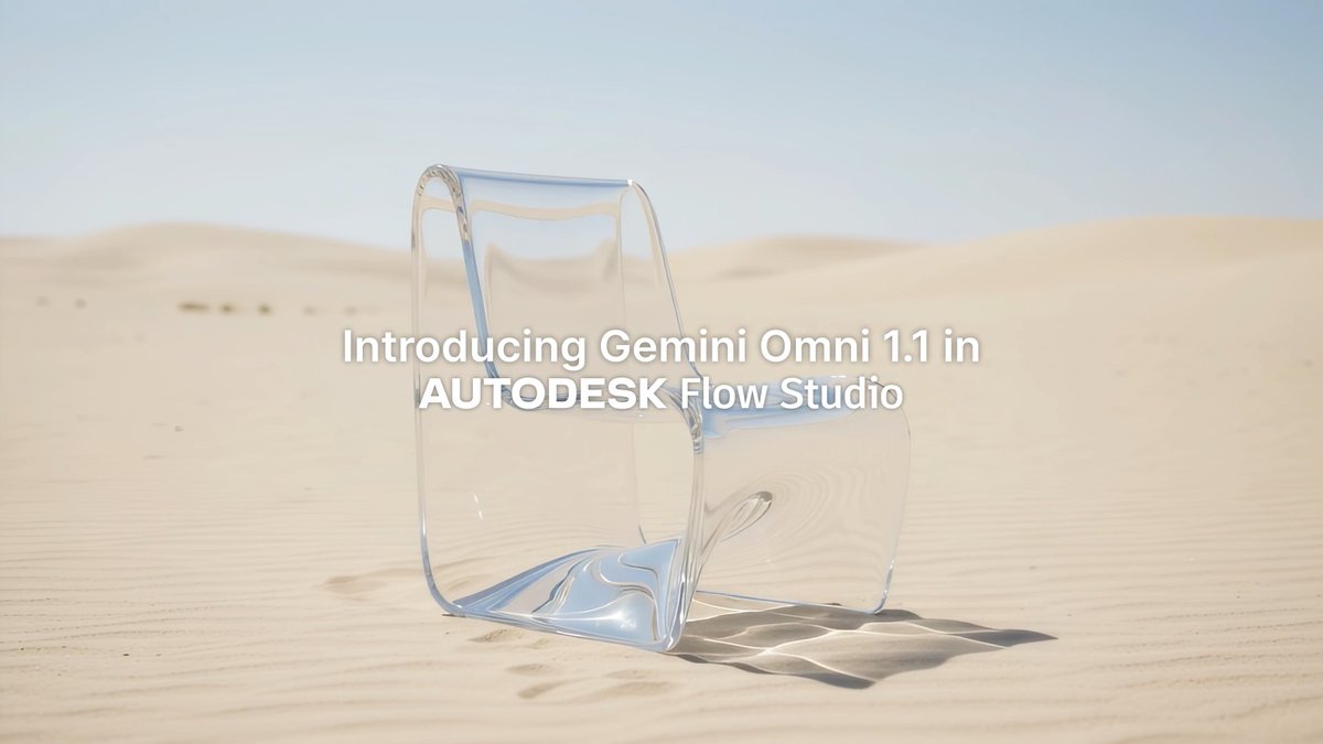 A glass chair sitting on sand dunes in a desert landscape with text overlay reading 'Introducing Gemini Omni 1.1 in AUTODESK Flow Studio'.