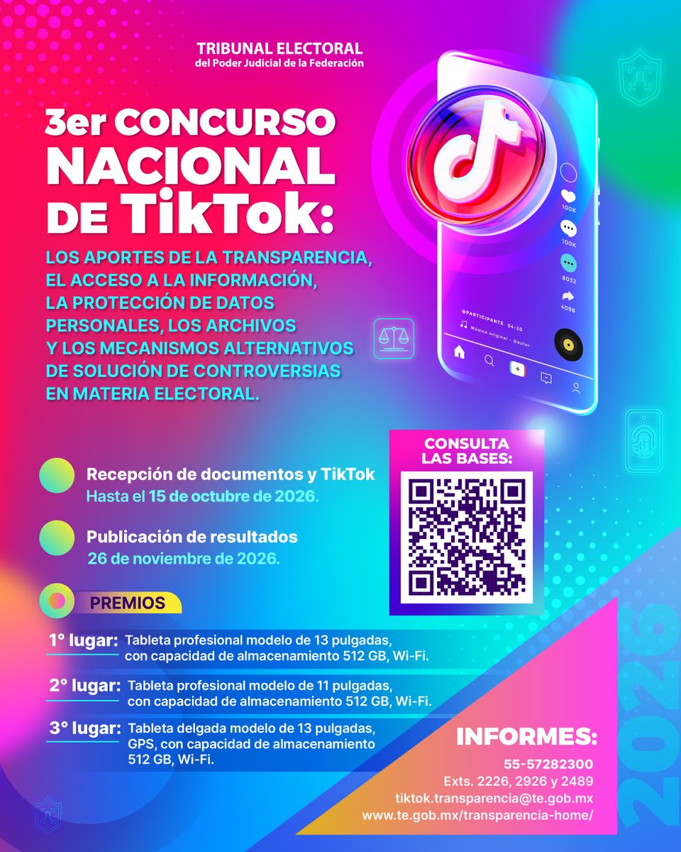 TEESonora's tweet photo. 📱 ¡Tu creatividad también puede acercar la justicia electoral!

El @TEPJF_informa te invita a participar en el 3er Concurso Nacional de TikTok, crea contenido que contribuya a difundir y reflexionar sobre temas relacionados con la transparencia, el acceso a la información, la protección de datos personales, los archivos y los mecanismos alternativos de solución de controversias en materia electoral.

🎥 Realiza un video de 45 a 120 segundos y compártelo en TikTok.

Consulta la convocatoria, bases y premios en:
https://t.co/0J6WIdX03h