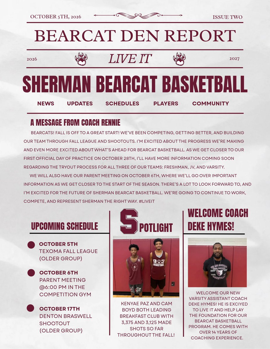 SHBearcatBB's tweet photo. Link in bio ๐ โ our Sherman Basketball Newsletter, "Bearcat Den Report Issue Two" is there with the latest updates and more! #LiveIT https://t.co/ObqKYp89ZT
