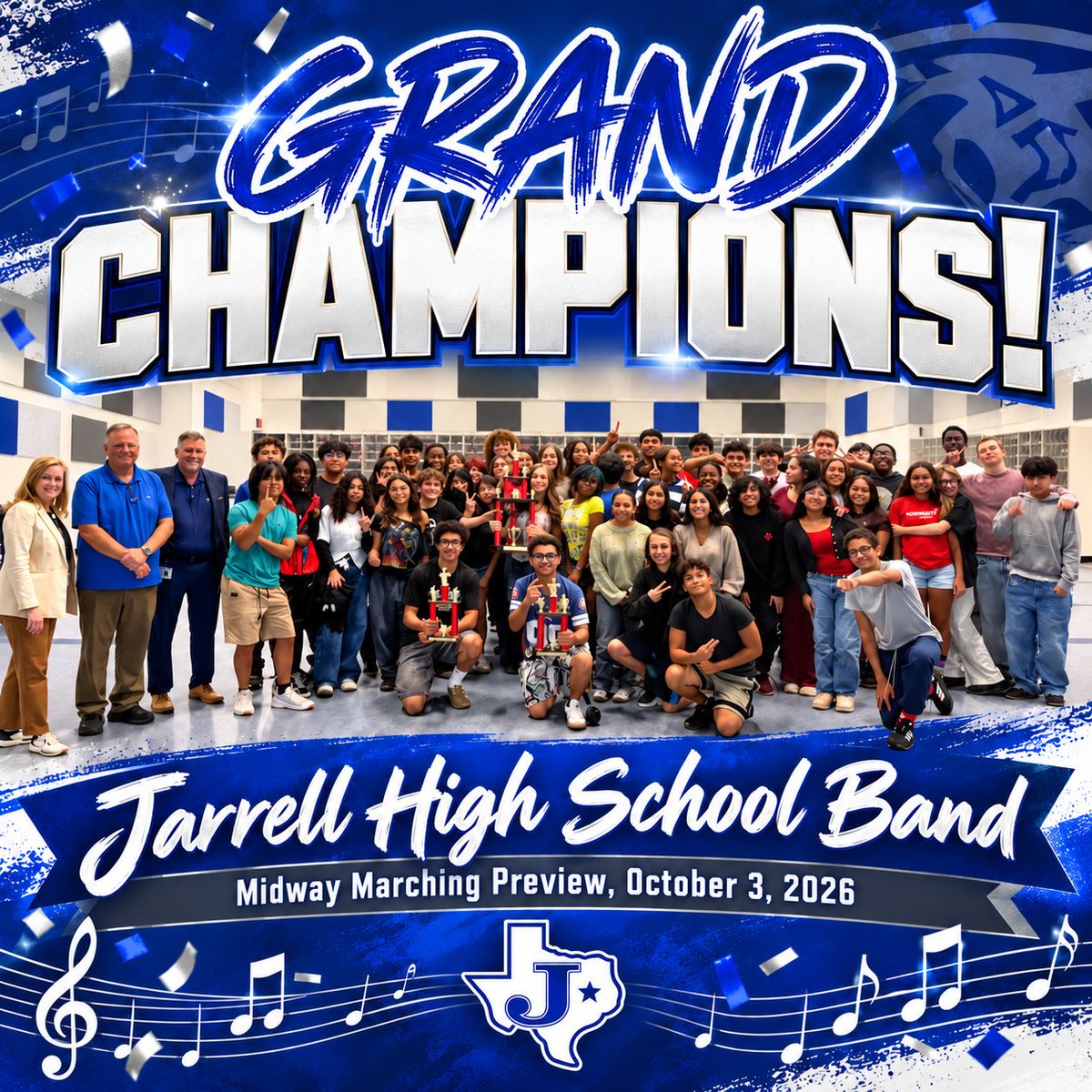 Jarrell_ISD's tweet photo. 🏆 GRAND CHAMPIONS! Congratulations to the Jarrell HS Band on an outstanding performance at the Midway Marching Preview!
Jarrell also earned:
🎶 Overall Music
🎺 Overall Visual
Way to represent Cougar Nation! 💙🤍
#JarrellISD #CougarPride https://t.co/GogqbBN3sM