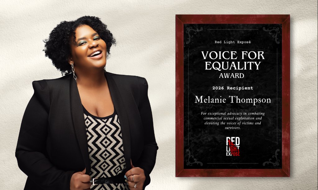 RedLightExpose's tweet photo. 🎙️✨ ANNOUNCEMENT ✨🎙️
This October 5th – International Day of No Prostitution – we're proud to present the "Voice for Equality" Award, created by the survivor-led team at Red Light Exposé, for the 2nd time! 

This annual award honors courageous truth-tellers who speak out for the Equality Model and amplify the voices of those who've been exploited in the commercial sex industry.

🔥 This year's recipient is Melanie Thompson, whose extraordinary courage, leadership, and unwavering advocacy have made her a powerful voice for women and girls affected by trafficking and commercial sexual exploitation. Her tireless advocacy for the Sex Trade Survivors Justice & Equality Act @EqualityModelNY in New York inspires activists around the world who fight for survivors to be protected, supported, and treated with dignity while exploiters and buyers are held accountable.

💥 The Voice for Equality Award is more than recognition – it's a call to action. By shining a light on those brave enough to speak truth to power, it reminds us that real change starts when we center survivors and challenge systems of exploitation.

Congratulations and appreciation to Melanie Thompson, a true Voice for Equality!

#VoiceForEquality #RedLightExpose #InternationalDayOfNoProstitution #EqualityModelNow #SurvivorVoices #NoBuyerNoPimpNY #Abolition #MelanieThompson