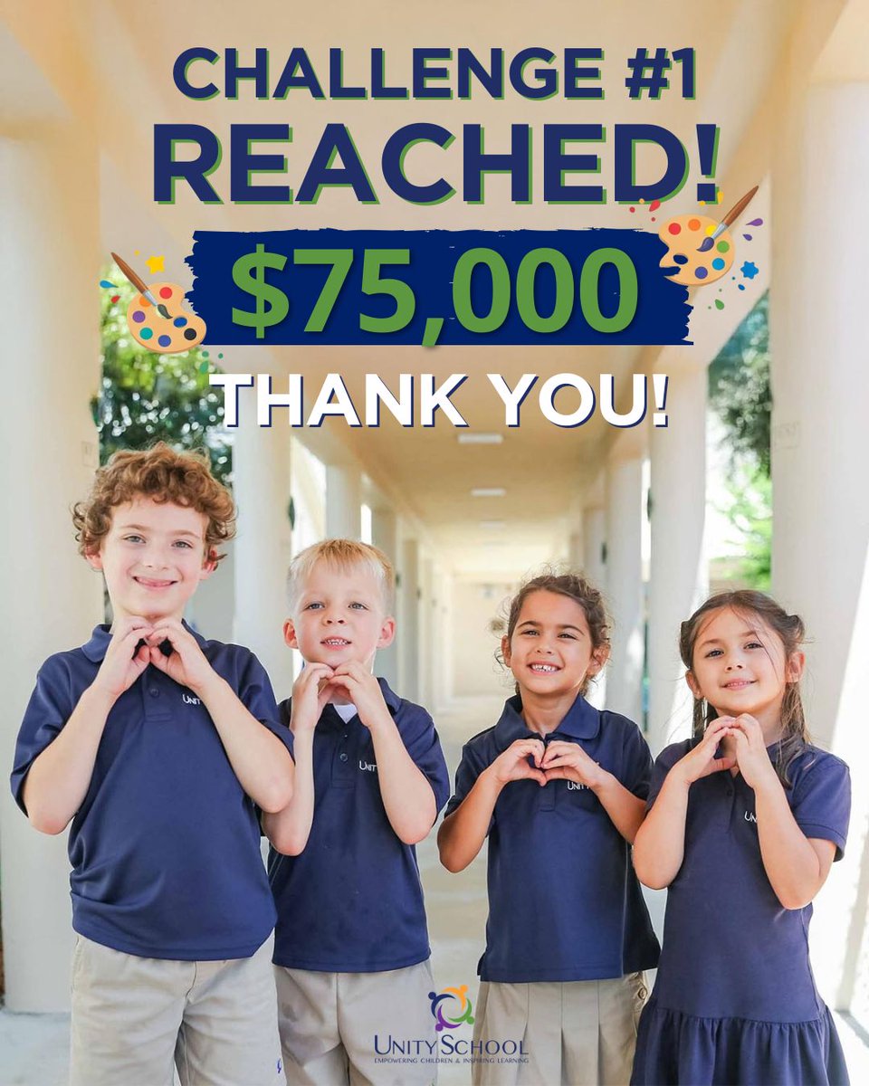 UnitySchoolFL's tweet photo. 🎉 MILESTONE 1 UNLOCKED! We’ve officially raised $75,000! 🎨

That means Challenge #1 is ON: Students get to turn their Directors into walking masterpieces! 🖌️✨

Next stop: $150K! Goal: 100% participation &amp; $300K by Oct 31st.

👉 Donate: https://t.co/yh5CDao3vT

#UnityAnnualFund https://t.co/3zK8S9uxTz