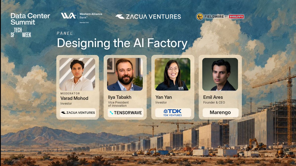 tensorwave's tweet photo. Today, TensorWave’s VP of Innovation, @ilyatabakh, joins Yan Yan of @TDK_Japan Ventures and Emil Ares of Marengo for “Designing the AI Factory” at the Data Center Summit during #SFTechWeek. 

Varad Mohod of @ZacuaVentures will moderate the conversation.

📍 San Francisco | Monday, October 5

Thanks to Zacua Ventures, Fieldwire by @HiltiNAmerica, and @WAllianceBank for bringing everyone together!