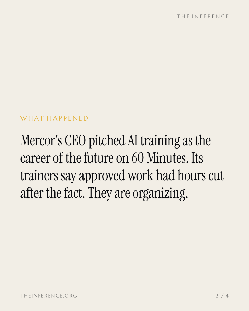 inference_org's tweet photo. Mercor's trainers say approved work got hours cut after the fact. The reported $20 billion round would price exactly the payout line they're disputing.

https://t.co/zBhKD4HWCf https://t.co/4G4WUnRUb7