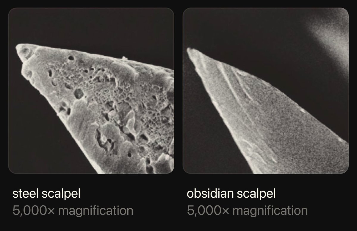 kepano's tweet photo. fun fact: obsidian can form an edge ~10 atoms thick, roughly 100 times finer than steel https://t.co/nLz1ksL8VU