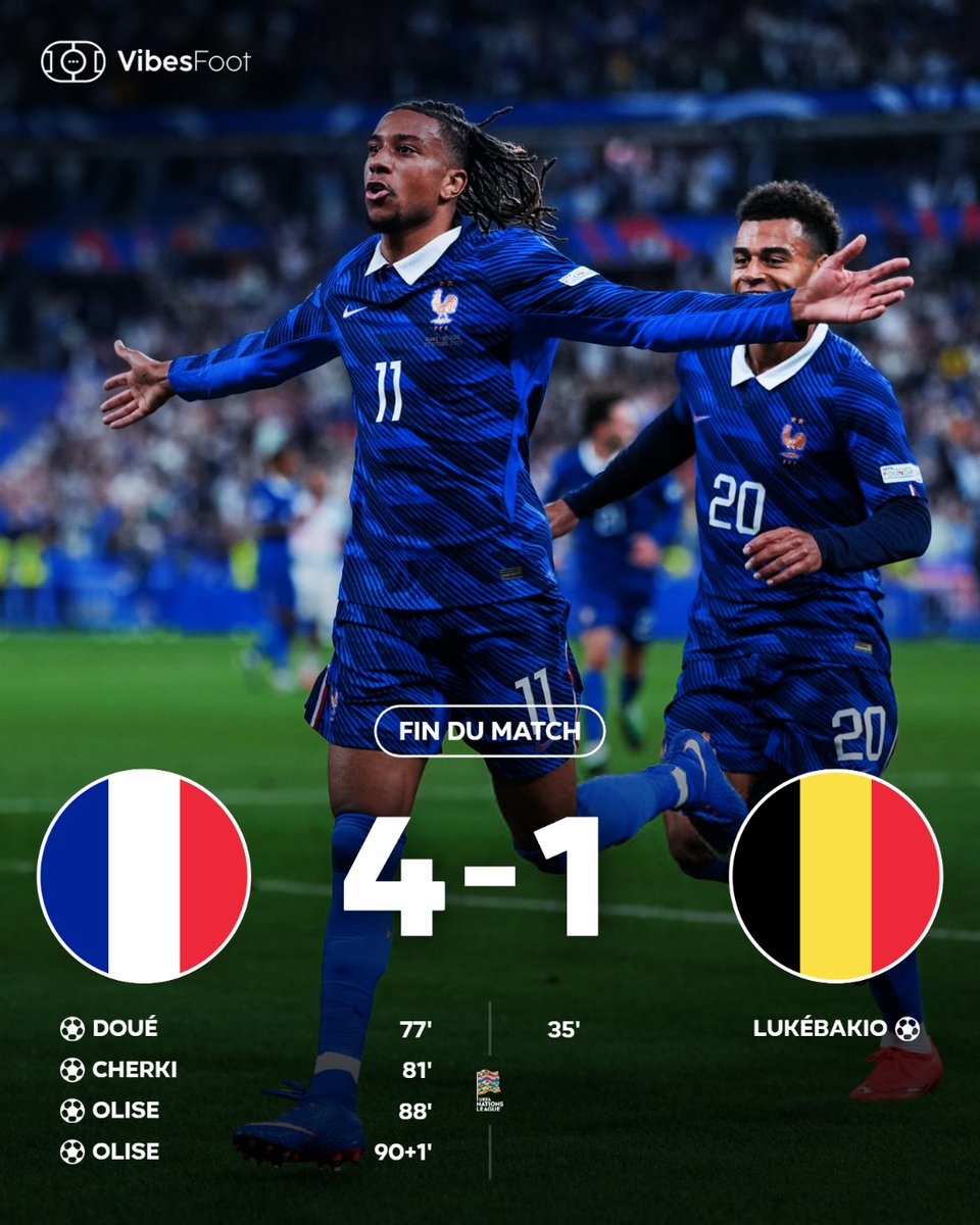 VibesFoot's tweet photo. 🔴 𝗟𝗔 𝗙𝗥𝗔𝗡𝗖𝗘 𝗦'𝗜𝗠𝗣𝗢𝗦𝗘 𝗙𝗔𝗖𝗘 𝗔 𝗟𝗔 𝗕𝗘𝗟𝗚𝗜𝗤𝗨𝗘 ! 🇫🇷

⚽️ Lukébakio avait ouvert le score, mais Doué, Cherki et Olise ont permis aux bleus de renverser la rencontre. https://t.co/Dp4jPz2UDf