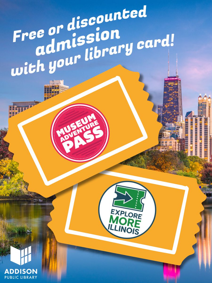 AddisonPubLib's tweet photo. Your library card can take you places! 

With Museum Adventure Pass and Explore More Illinois, Addison Public Library cardholders can get free or discounted admission to participating museums, gardens, zoos, and other local attractions.

Get started at https://t.co/fWy3F9D4jZ. https://t.co/3SJH8kqd3S