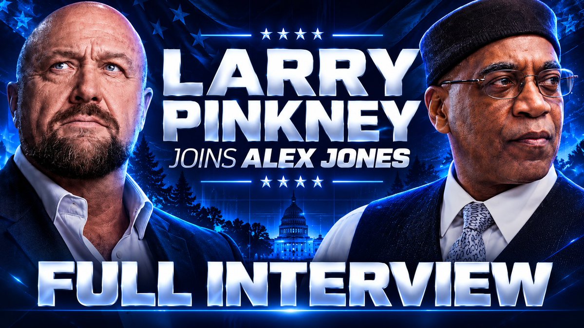 The image is a promotional graphic featuring portraits of two men flanking text that reads "LARRY PINKNEY JOINS ALEX JONES" and "FULL INTERVIEW," with the U.S. Capitol building visible in the background. The graphic promotes an interview between Larry Pinkney, described in the caption as a founder of the Black Panther Party, and Alex Jones, supporting the post's message about humanity defeating globalists.