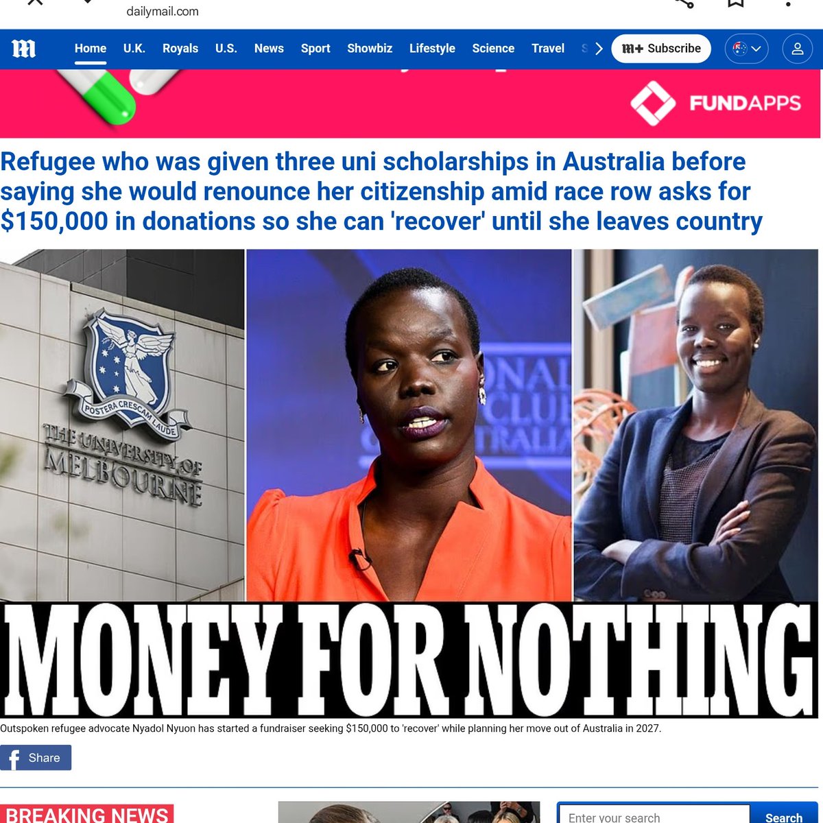 Ausbobsmit's tweet photo. The hide of this woman 

We funded everything including her university fees for her to become a "lawyer"

She went on national TV saying she plans on leaving "racist" Australia 

Now she's pan handling. 

Her words

My bills have accumulated, my mortgage is in arrears, and I cannot currently afford car insurance.

I am asking for $150,000 to help me meet essential costs and remain in Australia through to mid-2027 while I focus on recovery. This support would give me some stability at a time when I have very little left to draw on.

How the funds will be used

$50,000 toward mortgage arrears, overdue household bills and utilities, and car insurance.

$100,000 toward essential living costs through to mid-2027. Any funds remaining after these costs will go toward legal expenses related to the review process.