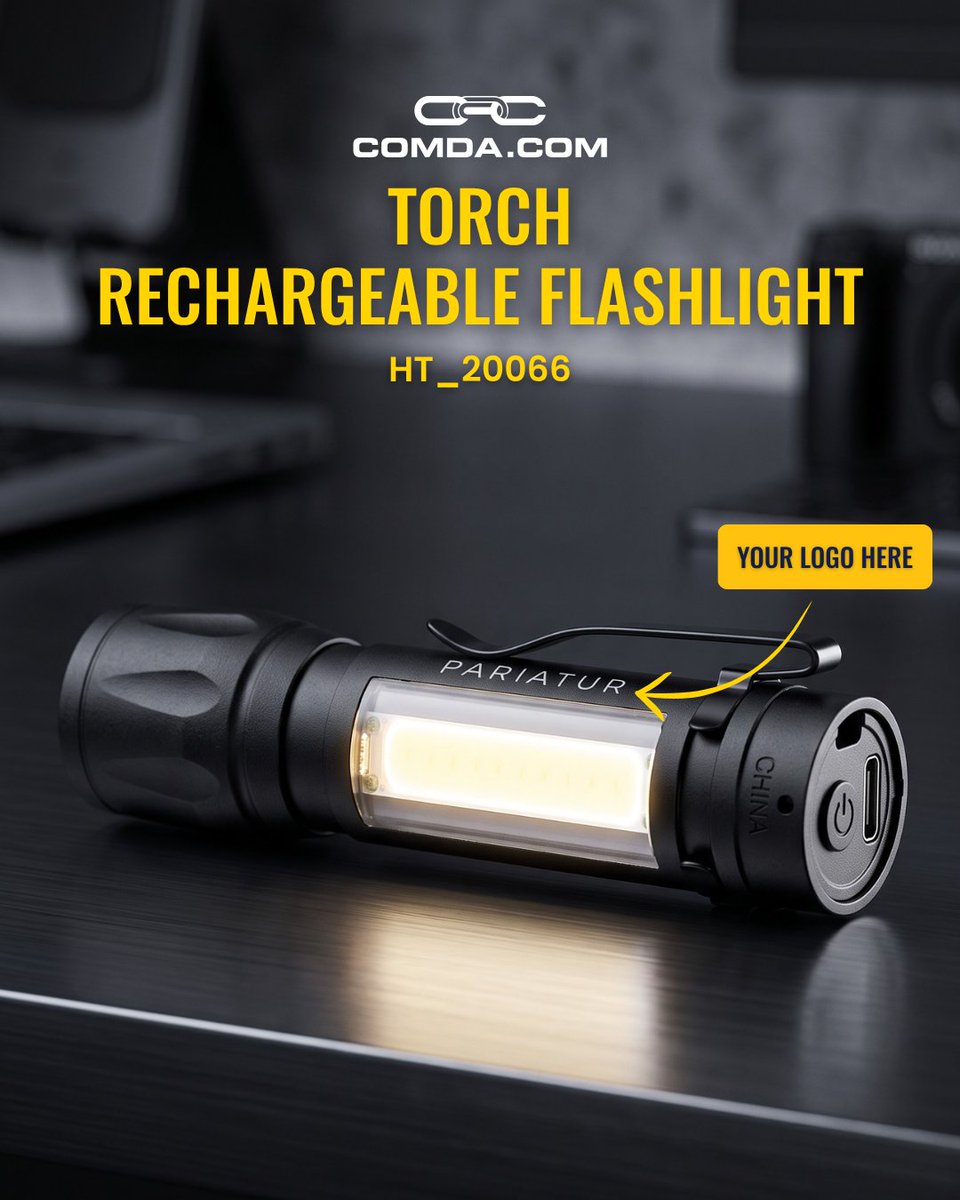 ComdaPromo's tweet photo. Keep your business top of mind with practical, high-utility gear!

The Torch Rechargeable Flashlight features a bright COB work light, an LED light, and a handy pocket clip.

Shop custom flashlights now: https://t.co/Fh6nFE71Tw

#PromoProducts #BrandVisibility #COMDA https://t.co/nfxJWxHlk2