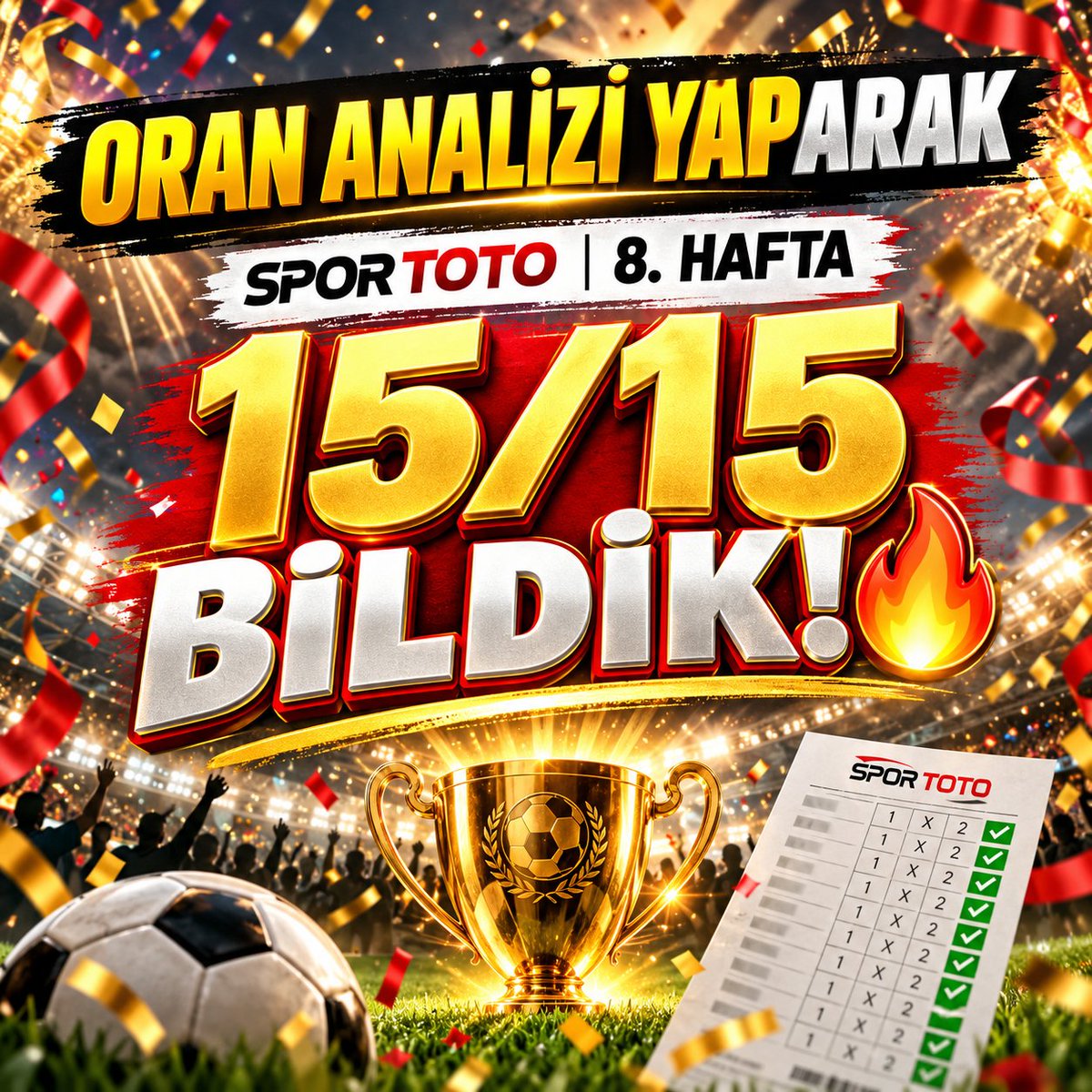 orananaliziyap's tweet photo. 🔥 SPOR TOTO’DA 15/15 BİLDİK! 🏆

🌐 https://t.co/45fbLZFusk Gururla Sunar! 😎

Ezbere değil, oran analiziyle! 🎯

Oran analizi yaparak hazırladığımız ve YouTube kanalımızda paylaştığımız Spor Toto 8. Hafta tahminlerinde tüm maçları doğru bildik! ✅

▶️ Yayın linki:
https://t.co/hNNusSMVAp

Mottomuz neydi? 
Kupon Yapmadan Önce OranAnaliziYap! 🔥

#SporToto #OranAnalizi #OranAnaliziYap
#Futbol #Football #İddaa