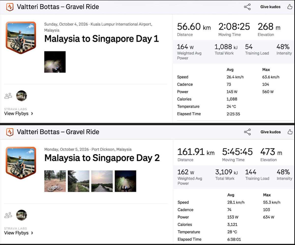 F1GuyDan's tweet photo. Valtteri Bottas has already completed 218.5KM of his cycle from Malaysia to Singapore 🚲

This is genuinely one of the most insane and impressive things ever. https://t.co/sp9F89Iqd3