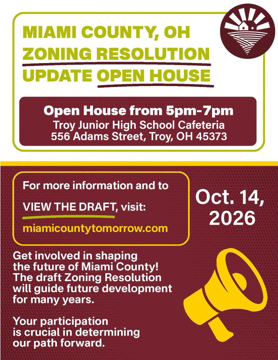 mvrpc's tweet photo. Miami County is hosting a public open house from 5pm-7pm at the Troy Junior High School Cafeteria (556 Adams Street, Troy, OH 45373) on October 14th for their Zoning Resolution Update. More information on this open house is available on their website: https://t.co/xbOocqmauu https://t.co/djPsG51XaC
