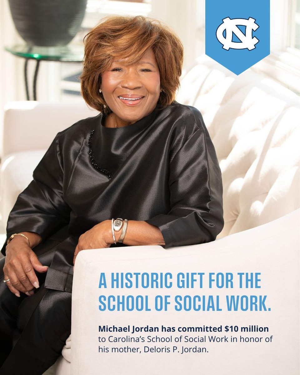 UNC's tweet photo. A historic gift honoring a lasting legacy. 🩵

The Carolina community came together to celebrate Deloris P. Jordan and a shared commitment to strengthening families &amp; communities for generations to come.

See how this will shape what’s next at Carolina. ➡️ https://t.co/u78xS4lXI3 https://t.co/pS66uDoCDR