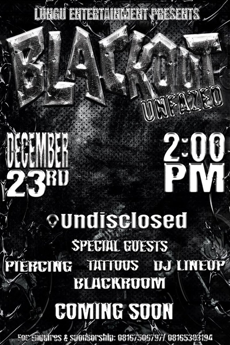 Lunguent1's tweet photo. the flyer is out.
the details? still under wraps.
BLACKOUT–23.12.26 🖤 https://t.co/651tpq8x0l