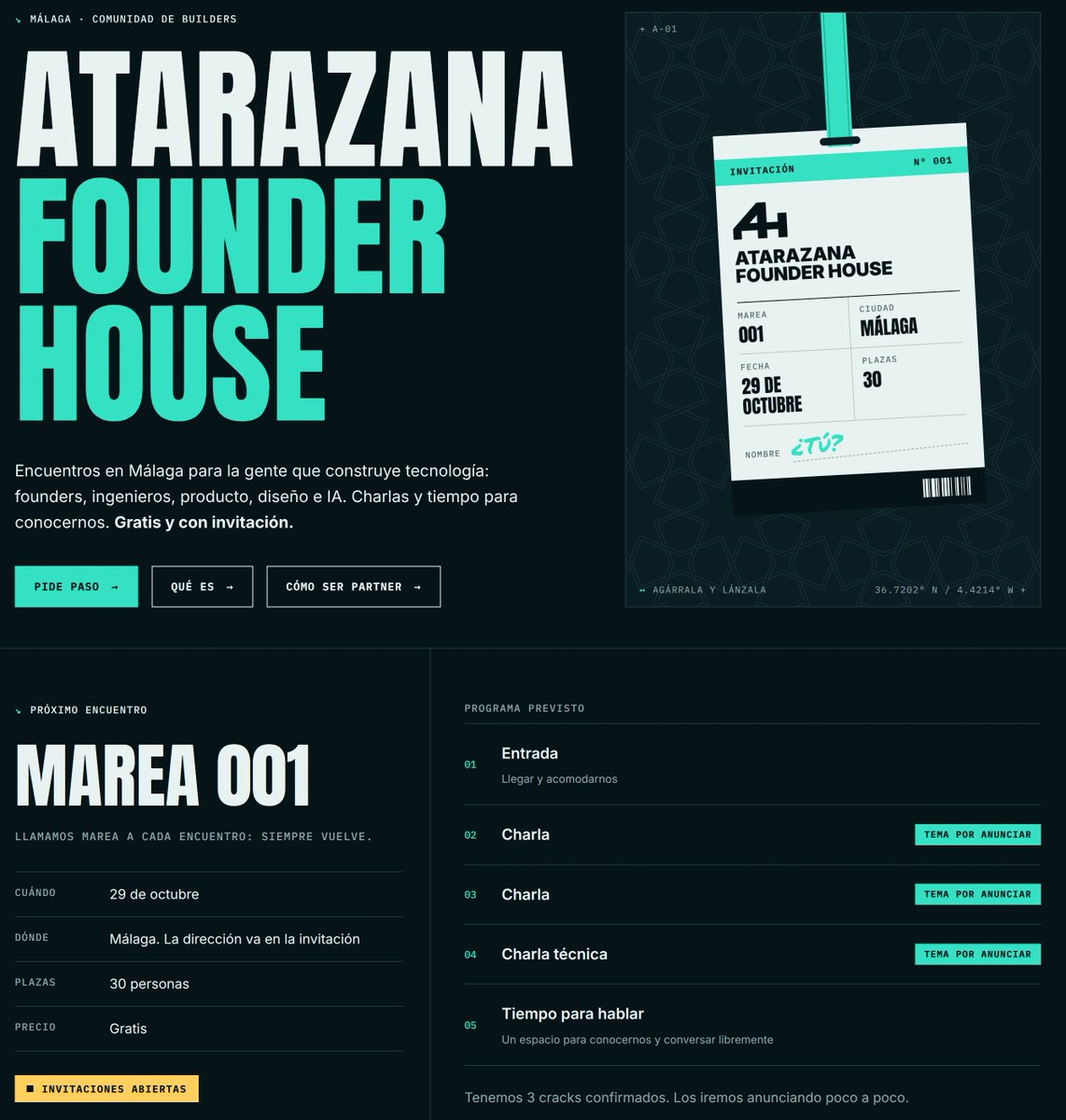 atarazanafh's tweet photo. Nace Atarazana Founders House! 🙌

Un punto de encuentro de founders y builders de Málaga.

Hay 3 charlas confirmadas, pero lo más importante es lo que surge tras ellas. Te esperamos el 29 de octubre:

- Web: https://t.co/we60xHot3S
- Luma: https://t.co/Aa7e9C23ra https://t.co/p6EExWTSUv